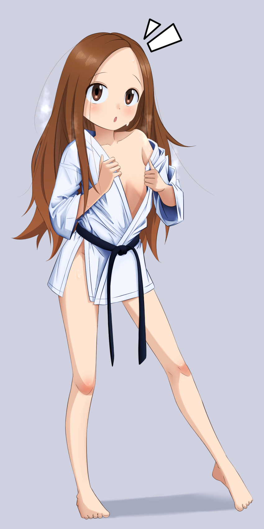 1girl absurdres bare_legs belt black_belt breasts brown_eyes brown_hair cleavage clothes_pull collarbone dougi drae708 feet forehead full_body highres karakai_jouzu_no_takagi-san karate_gi legs loli long_hair looking_at_viewer messy_hair open_mouth simple_background sweat takagi-san