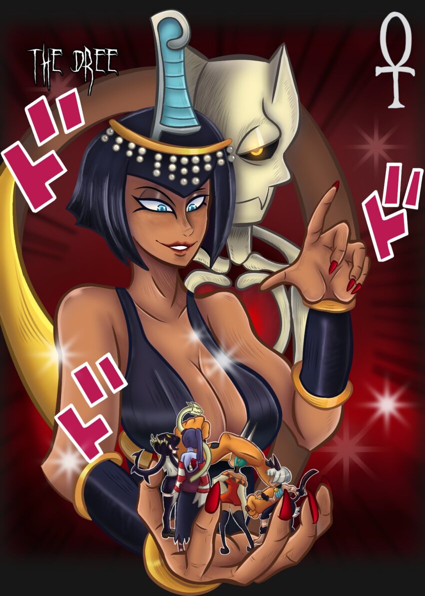 5girls black_hair blue_eyes breasts cleavage eliza_(skullgirls) filia_(skullgirls) highres large_breasts ms._fortune_(skullgirls) multiple_girls skullgirls squigly_(skullgirls)
