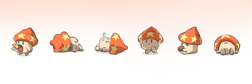 3_3 chocotto_land cup drinking eating gradient_background holding holding_cup ico6 lying multiple_views mushroom no_humans nose_bubble on_back on_side open_mouth red_background simple_background sitting sleeping standing