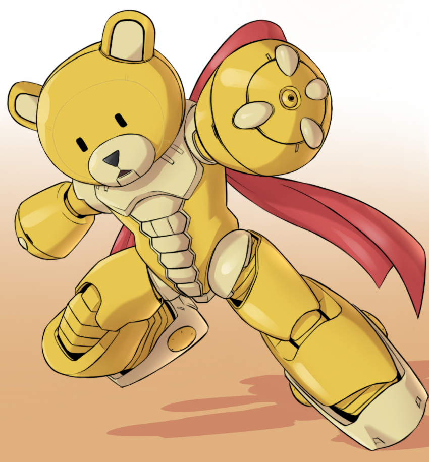 10s beargguy_iii bow gradient_background gundam gundam_build_fighters highres leg_up mecha no_humans outstretched_arm robot shadow solo tatsu_(ashcleef)