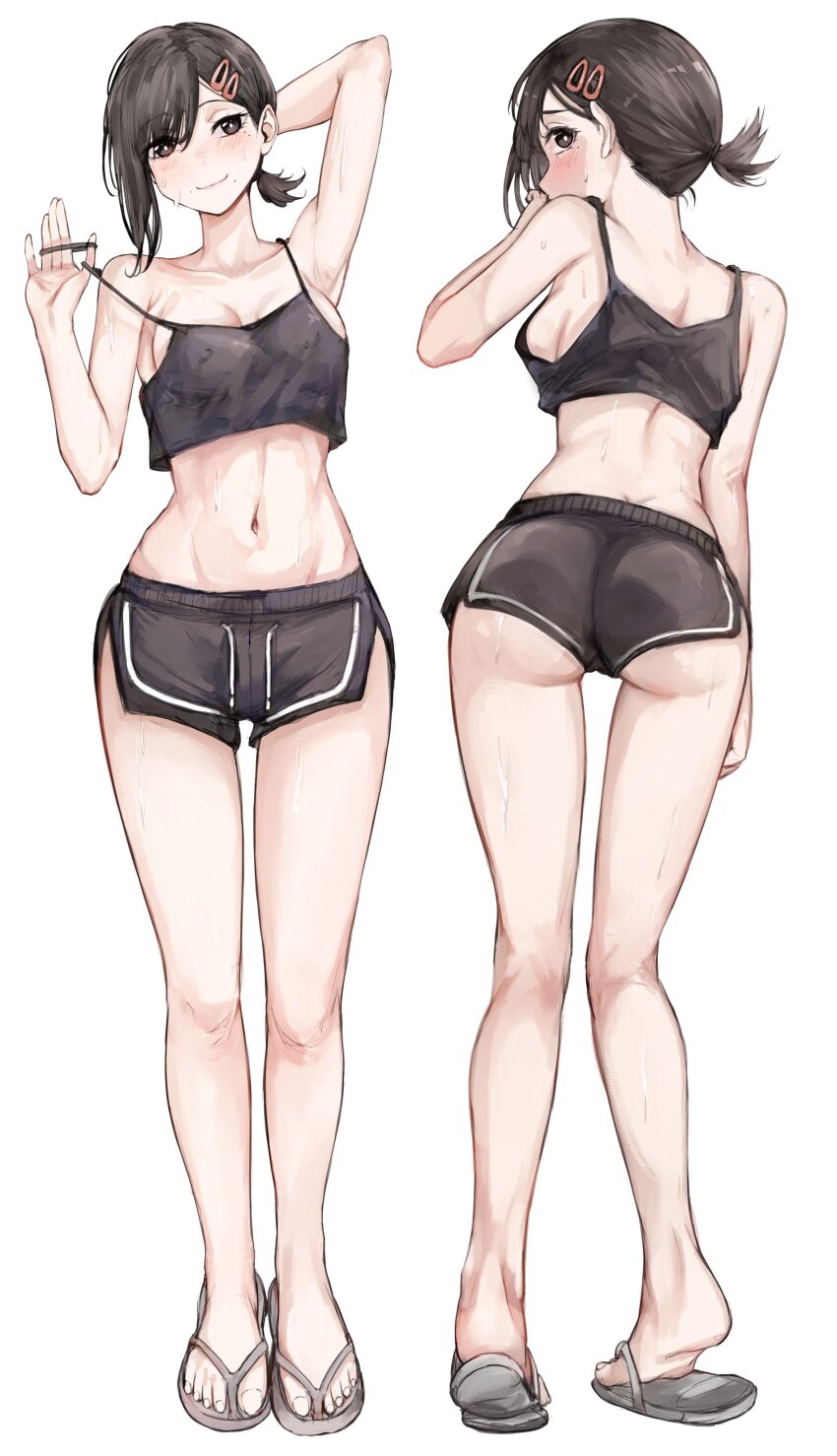 1girl absurdres armpits arms_up ass bare_arms bare_legs bare_shoulders black_eyes black_hair black_shorts breasts camisole chainsaw_man cleavage commentary_request crop_top flip-flops full_body grey_footwear hair_ornament hairclip hand_up higashiyama_kobeni highres medium_breasts midriff multiple_views navel nui_gurumi sandals short_hair short_shorts shorts simple_background spaghetti_strap standing stomach thighs underbutt white_background