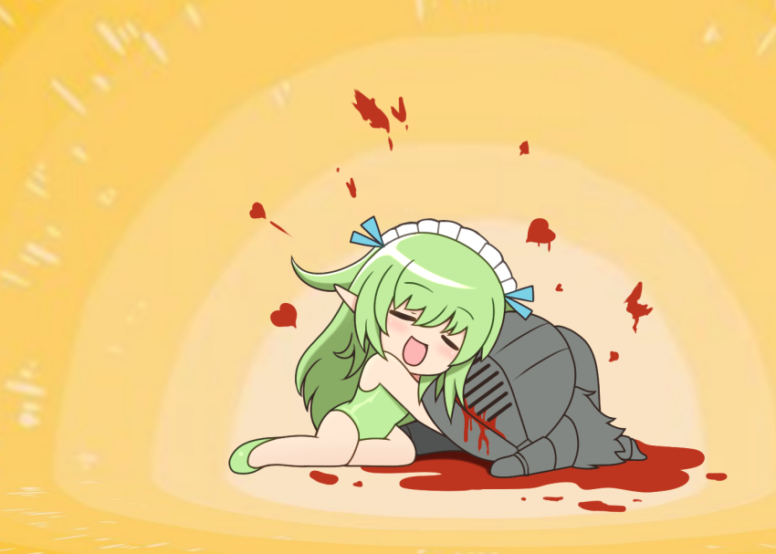 1boy 1girl armor bare_arms bare_legs black_souls black_souls_2 blood blue_ribbon bokusatsu_tenshi_dokuro-chan closed_eyes full_armor gauntlets green_footwear green_leotard grimm_(black_souls) hair_ribbon heart helmet knight leaf_(black_souls) leotard maid_headdress no_wings open_mouth ribbon shoes smile two_side_up udododo