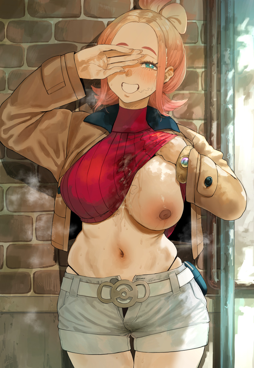 1girl absurdres after_fellatio belt blonde_hair blue_eyes breasts brown_jacket commentary_request covering_one_eye cum cum_on_body cum_on_breasts cum_on_clothes cum_on_upper_body dark_nipples gradient_hair grey_shorts grin hair_bun hero_neisan highres huge_filesize jacket large_breasts lifting_own_clothes long_sleeves looking_at_viewer mega_ring multicolored_hair navel nintendo nipples one_breast_out one_eye_covered panty_straps parted_bangs pink_hair pokemon pokemon_legends:_z-a red_shirt ribbed_shirt shirt shorts smile solo standing stray_pubic_hair sweater taunie_(pokemon) turtleneck turtleneck_sweater white_belt