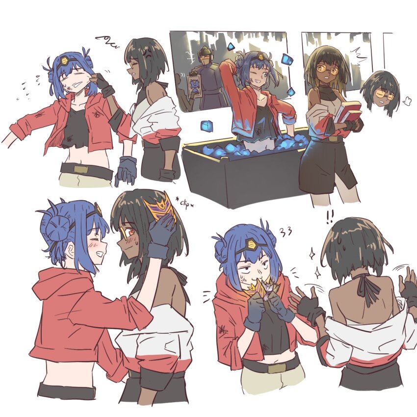 2girls anger_vein angry anjuro_zeeku black_hair black_shirt blue_eyes blue_hair book cheek_pinching closed_eyes d-16_(transformers_one) dark-skinned_female dark_skin double_bun energon energon_cube genderswap genderswap_(mtf) grin hair_bun hair_ornament hairclip highres holding holding_book jacket medium_hair megatron multiple_girls navel off_shoulder one_eye_closed open_clothes open_jacket optimus_prime orange-tinted_eyewear pinching red_eyes red_jacket shirt sleeveless sleeveless_shirt smile sweatdrop teeth tinted_eyewear transformers transformers_one white_jacket yuri