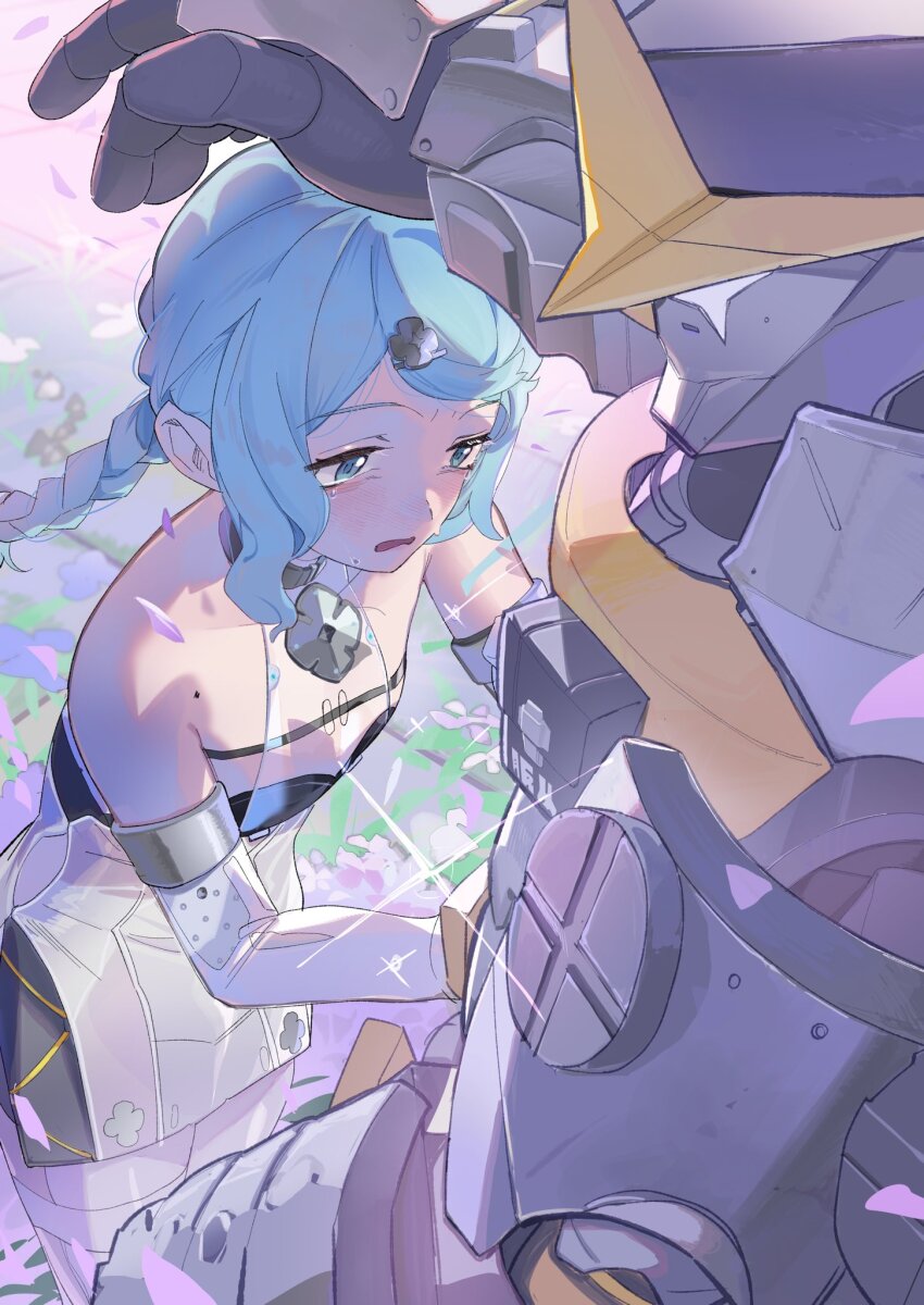 1girl ammunition_pouch bare_shoulders blue_eyes blue_hair blurry blurry_background braid braided_ponytail clothing_cutout collarbone commentary_request crying detached_sleeves falling_petals flower flower_hairpin formal_clothes grass hair_ornament hairpin highres humanoid_robot joints long_hair mechanical_arms mole mole_on_shoulder open_mouth outdoors petals pink_flower pouch purple_flower robot robot_joints see-through_dress_layer seed_(zenless_zone_zero) seed_sr. side_cutout sparkle suit tears thigh_cutout umiwashi white_flower white_suit zenless_zone_zero