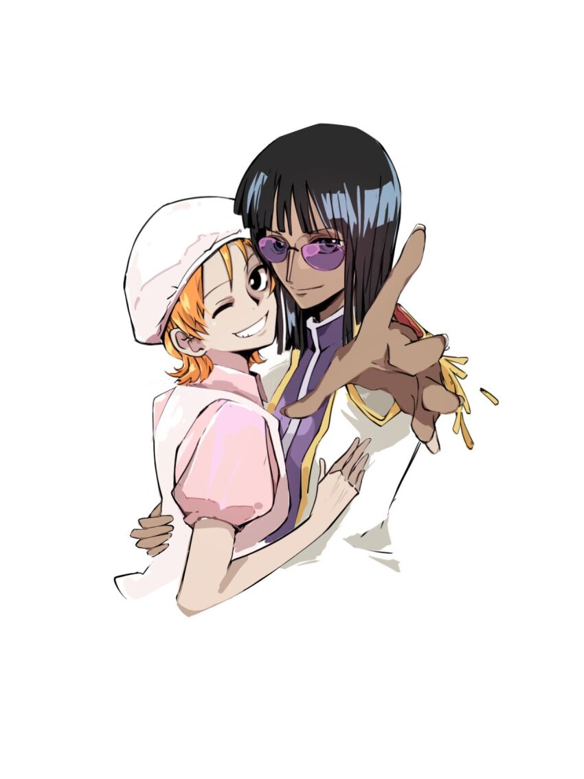 2girls black_hair blunt_bangs chinese_commentary coat commentary_request dark-skinned_female dark_skin dress epaulettes guaguapiu hat highres hug looking_at_viewer medium_hair multiple_girls nami_(one_piece) nami_(one_piece)_(g-8) nico_robin nico_robin_(g-8) nurse_cap one_eye_closed one_piece orange_hair pink_dress puffy_short_sleeves puffy_sleeves purple_shirt shirt short_hair short_sleeves simple_background smile sunglasses tinted_eyewear upper_body white_background white_coat wink