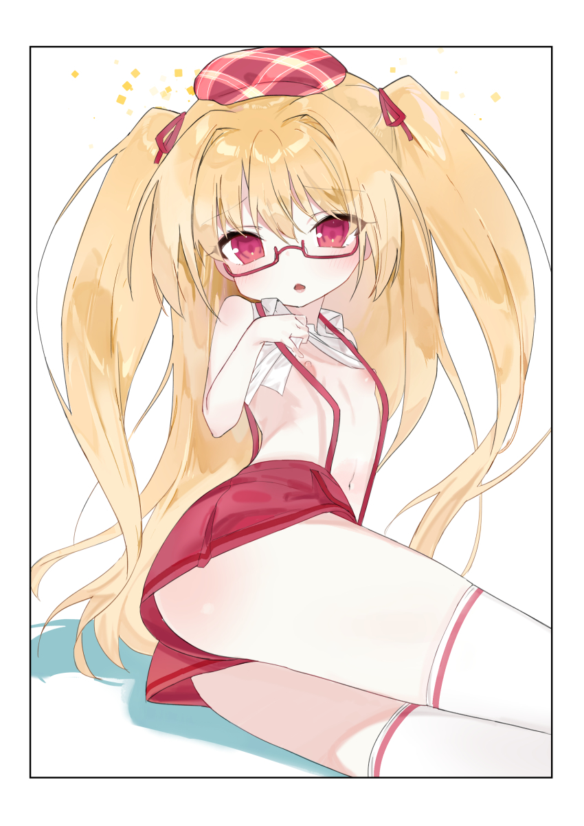 1girl absurdres ass blonde_hair blush glasses hat highres irotoridori_no_sekai long_hair looking_at_viewer miniskirt navel nikaidou_shinku nipples open_mouth red_eyes red_skirt skirt solo suspender_skirt suspenders takakura thighhighs two_side_up white_thighhighs