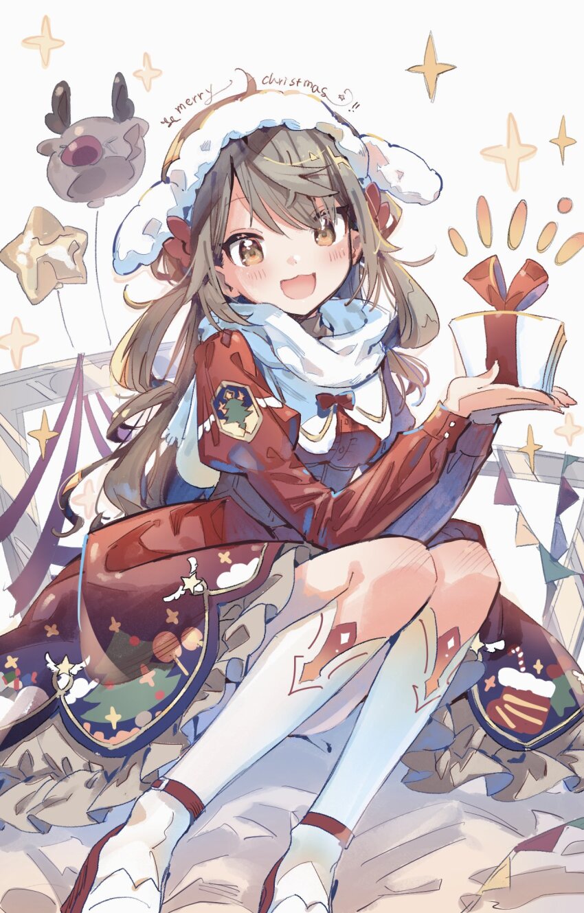 1girl :3 animal_balloon ankle_belt balloon blush bow box brown_eyes christmas christmas_tree_print cupping_hands curly_hair dress dress_bow gift gift_box grey_hair hair_bow hands_up hat highres juliet_sleeves kneehighs knees_up long_hair long_sleeves looking_at_viewer merry_christmas open_mouth original own_hands_together puffy_sleeves red_bow red_dress red_footwear red_ribbon ribbon santa_costume santa_hat scarf sitting socks solo sparkle star_balloon two_side_up white_background white_scarf white_socks zuho_(vega)
