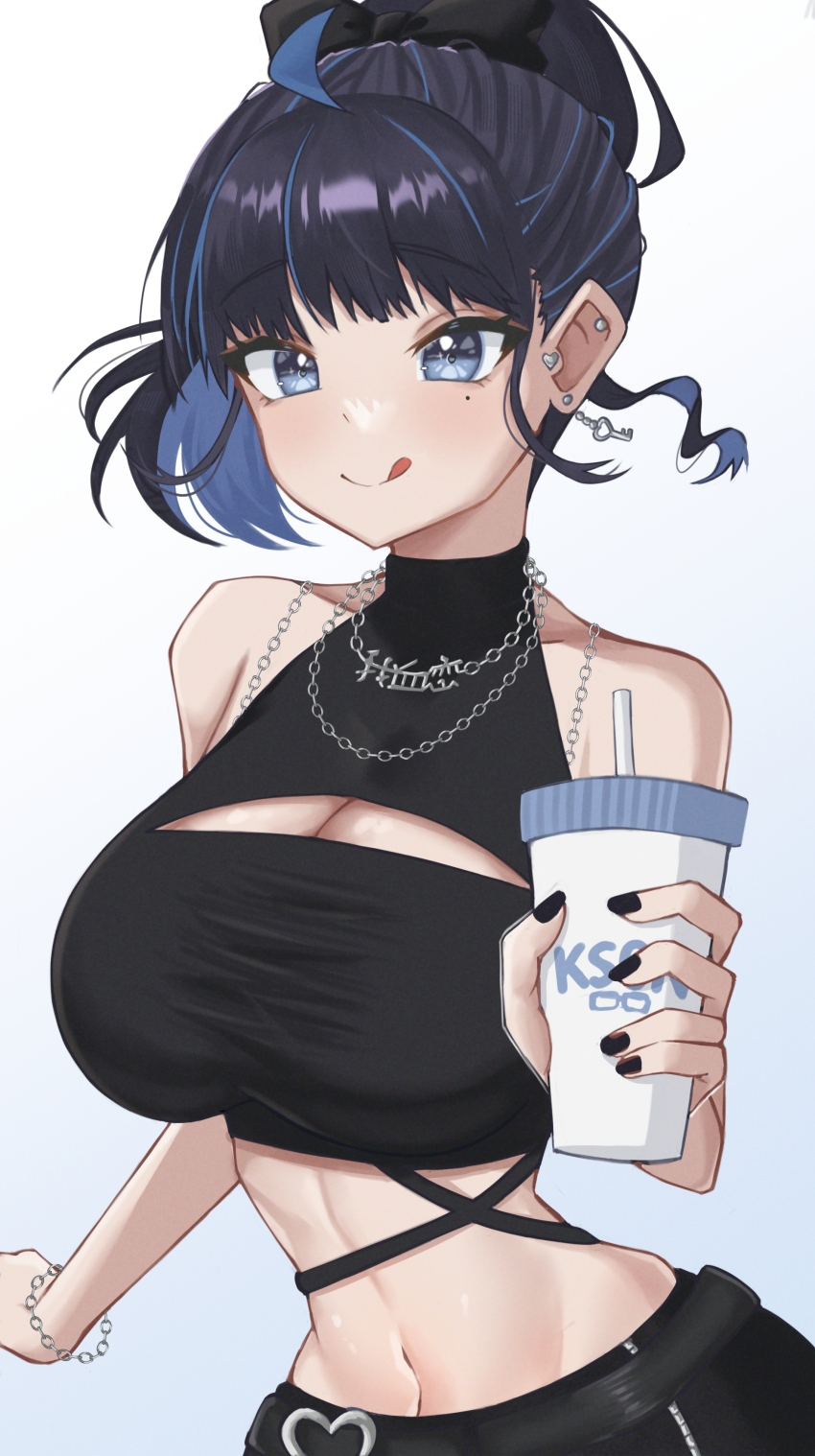 1girl :q absurdres ahoge bare_shoulders bead_bracelet beads belt black_belt black_hair black_pants black_shirt blue_eyes blue_hair bracelet breasts chain chain_necklace character_name cleavage cleavage_cutout clothing_cutout colored_inner_hair crop_top cup disposable_cup ear_piercing earrings high_ponytail highres holding holding_cup jewelry kson kson_(party_dress) large_breasts midriff multicolored_hair nail_polish narrow_waist navel necklace nyu-tan94 official_alternate_costume pants piercing ponytail shirt short_hair simple_background solo stomach streaked_hair stud_earrings tongue tongue_out turtleneck virtual_youtuber vshojo white_background