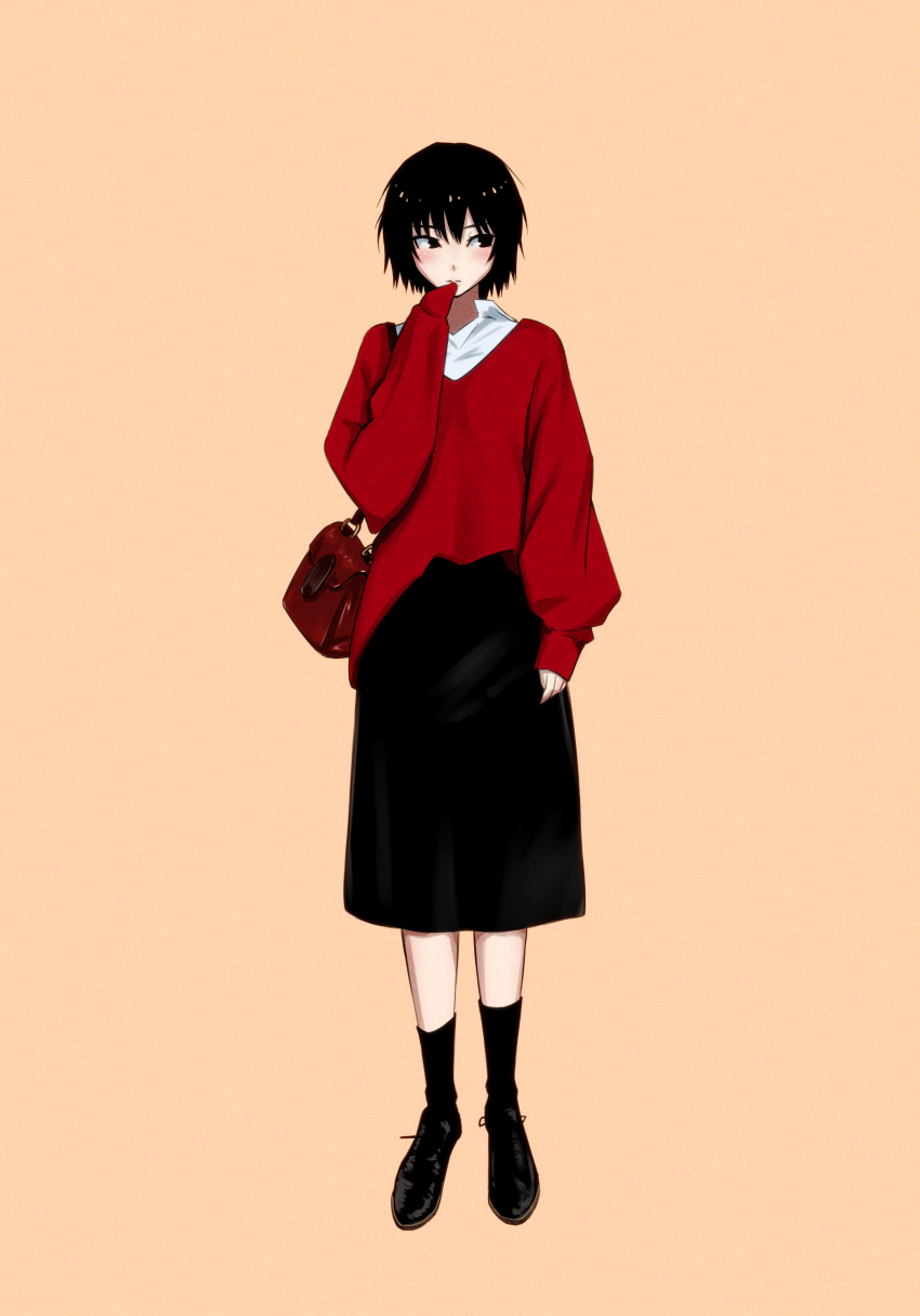 1girl absurdres amagami arm_at_side averting_eyes bag baggy_clothes black_eyes black_hair black_shoes black_skirt black_socks blush brown_background brown_bag closed_mouth collared_shirt commentary dress_shirt expressionless eyelashes facing_viewer full_body hand_to_own_mouth handbag highres holding holding_bag long_sleeves looking_to_the_side medium_skirt nanasaki_ai oshizu red_sweater shirt shoes simple_background skirt sleeves_past_fingers sleeves_past_wrists socks solo standing straight-on sweater white_undershirt