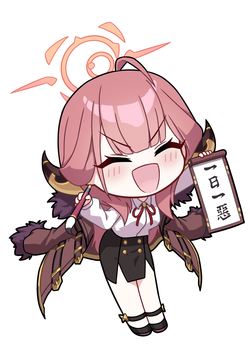 1girl :d ^_^ absurdres ahoge alfie_(tmdals7645) aru_(blue_archive) bare_legs black_shoes black_skirt blue_archive blunt_bangs brown_coat buttons chibi chibi_only closed_eyes coat coat_on_shoulders demon_horns double-breasted dress_shirt fur-trimmed_coat fur_trim gold_trim halo high-waist_skirt highres holding holding_brush holding_paper horns light_blush long_hair long_sleeves neck_ribbon open_mouth paper pelvic_curtain pencil_skirt pink_hair pink_halo puffy_long_sleeves puffy_sleeves red_ribbon ribbon shirt shirt_tucked_in shoes skirt smile solo v-shaped_eyebrows very_long_hair white_shirt