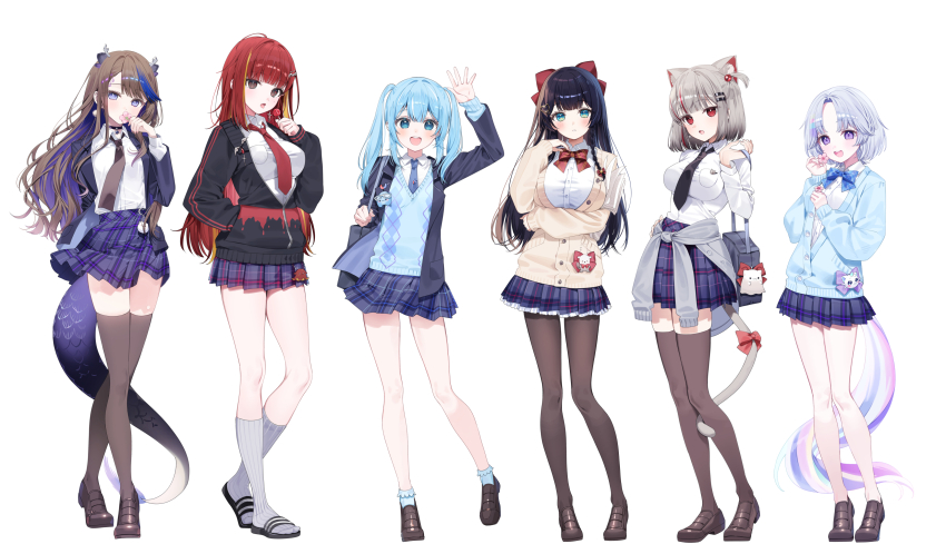 6+girls :d a20_(atsumaru) absurdres airi_kanna akane_lize animal_ears arahashi_tabi arm_under_breasts asymmetrical_bangs ayatsuno_yuni bag black_choker black_footwear black_hair black_jacket black_necktie black_pantyhose black_thighhighs blazer blonde_hair blue_bow blue_bowtie blue_cardigan blue_eyes blue_hair blue_jacket blue_necktie blue_skirt blue_socks blue_sweater blunt_bangs blush bow bowtie breast_pocket breasts brown_eyes brown_footwear brown_hair candy cardigan cat_ears cat_girl cat_tail choker collared_shirt colored_inner_hair covering_own_mouth crossed_ankles dragon_tail flat_chest flower food full_body grey_hair hair_between_eyes hand_in_pocket hand_up high-waist_skirt highres holding holding_bag holding_candy holding_flower holding_food holding_lollipop horse_tail jacket large_breasts loafers lollipop long_bangs long_hair looking_at_viewer medium_hair miniskirt multicolored_hair multiple_girls nail_polish necktie neneko_mashiro open_clothes open_hand open_jacket open_mouth pantyhose parted_bangs partially_unbuttoned pink_flower plaid_clothes plaid_skirt pleated_skirt pocket purple_eyes purple_hair red_bow red_bowtie red_eyes red_hair ribbed_socks school_bag school_uniform shirayuki_hina shirt shoes short_hair simple_background skirt slippers small_breasts smile socks standing stellive streaked_hair sweater tail tail_around_own_leg teeth thighhighs upper_teeth_only v-neck very_long_hair virtual_youtuber waving white_background white_shirt white_socks yellow_cardigan zettai_ryouiki