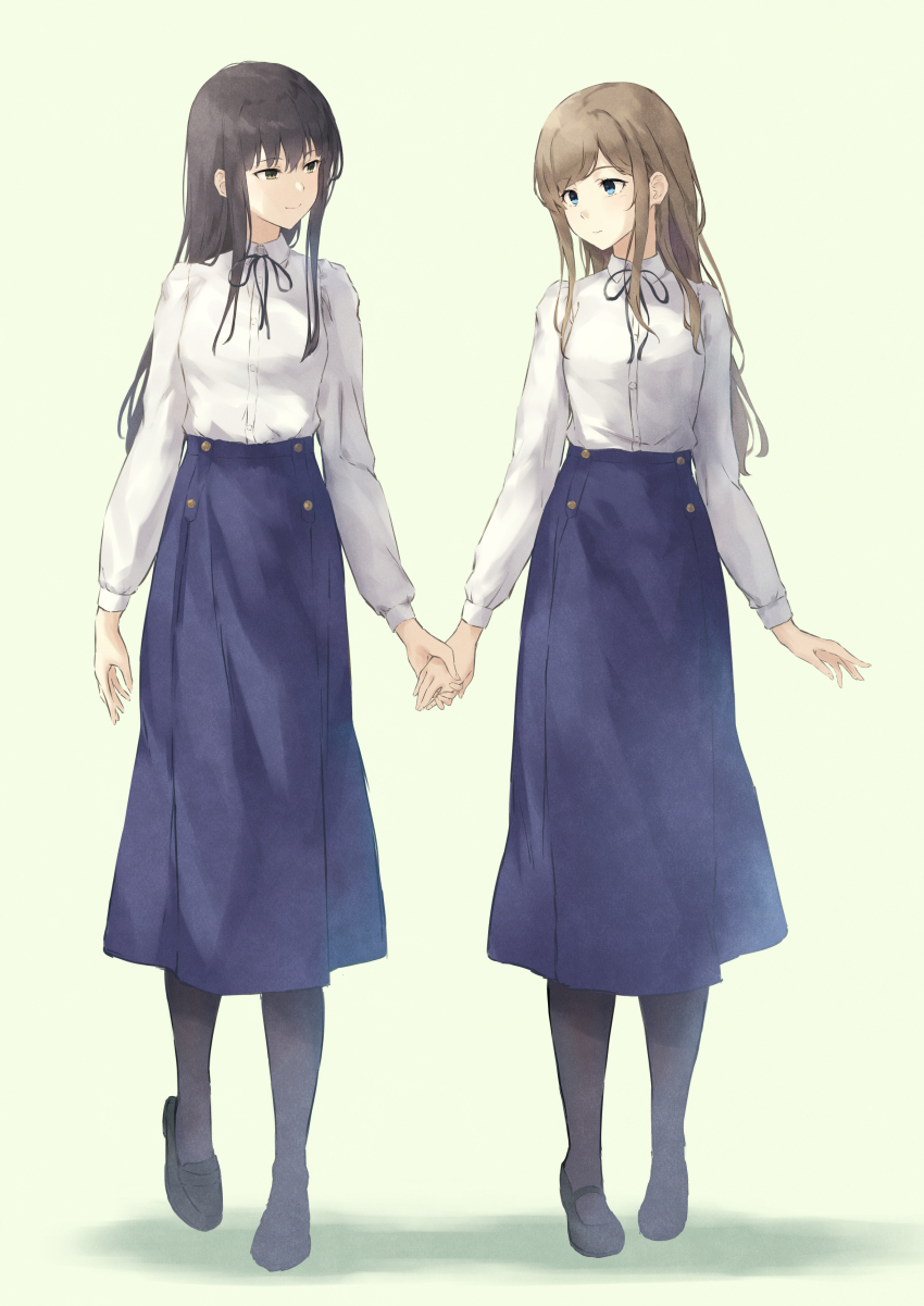 2girls absurdres black_footwear black_pantyhose black_ribbon blue_eyes blue_skirt brown_hair buttons closed_mouth collared_shirt full_body green_background grey_eyes hair_between_eyes high-waist_skirt highres holding_hands light_brown_hair loafers long_bangs long_skirt long_sleeves looking_at_another multiple_girls neck_ribbon nuenue original pantyhose ribbon school_uniform shadow shirt shirt_tucked_in shoes sidelocks simple_background skirt sleeve_cuffs smile standing swept_bangs white_shirt yuri