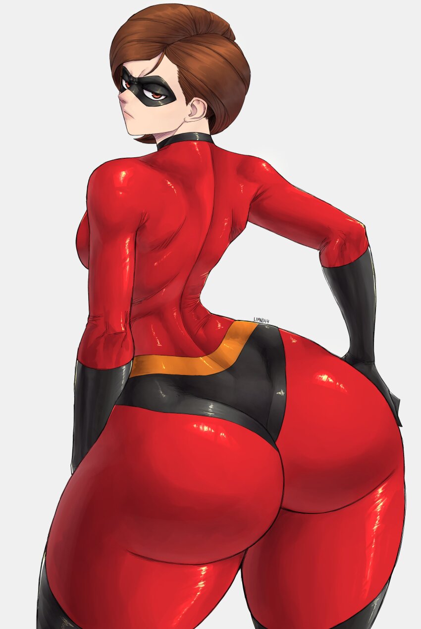 1girl ass ass_focus bodysuit breasts brown_eyes brown_hair disney elastigirl gloves grey_background helen_parr limn044 looking_at_viewer looking_back mask mature_female medium_breasts pixar short_hair simple_background skin_tight superhero_costume the_incredibles