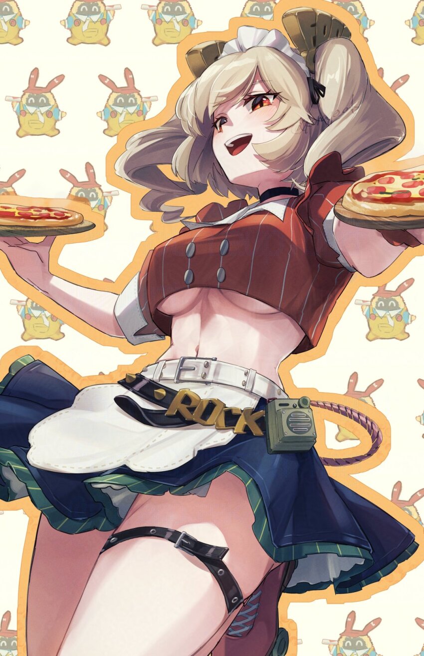 1girl bangboo_(zenless_zone_zero) black_choker black_skirt blonde_hair burnice_white choker cowboy_shot crop_top food highres holding holding_food holding_pizza ikanago_eak medium_hair navel official_alternate_costume pizza red_eyes red_shirt shirt skirt smile thigh_strap white_headdress zenless_zone_zero