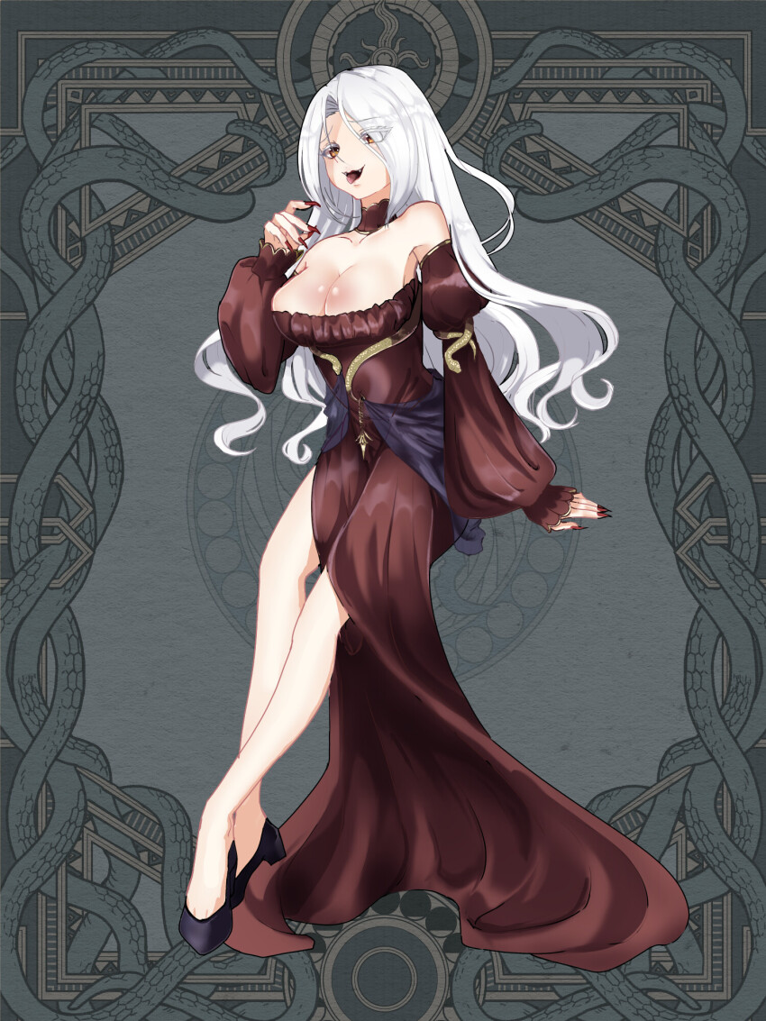 1girl bad_anatomy bad_leg breasts brown_dress brown_eyes cleavage dairoku_ryouhei dress full_body grey_background highres large_breasts long_hair long_sleeves puffy_long_sleeves puffy_sleeves red_nails snake solo standing tongue tongue_out very_long_hair white_hair