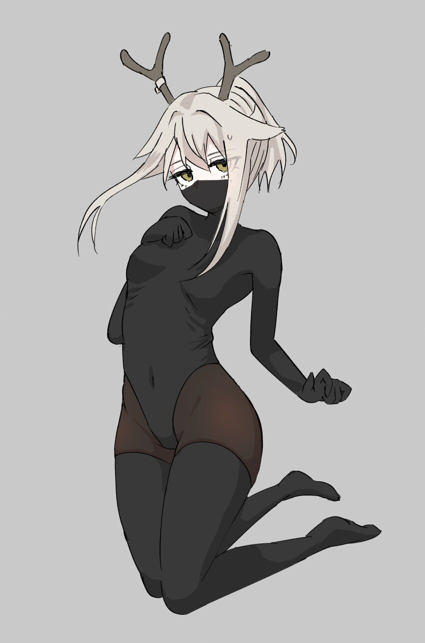 1girl absurdres alternate_costume antlers arknights barefoot black_leotard black_pantyhose black_thighhighs breasts covered_navel deer_antlers firewatch_(arknights) full_body grey_background grey_hair gyunyuoino_me highleg highleg_leotard highres horns jitome leotard looking_at_viewer mask mouth_mask pantyhose pantyhose_under_leotard ponytail simple_background sleeved_leotard small_breasts solo thighhighs thighhighs_over_pantyhose