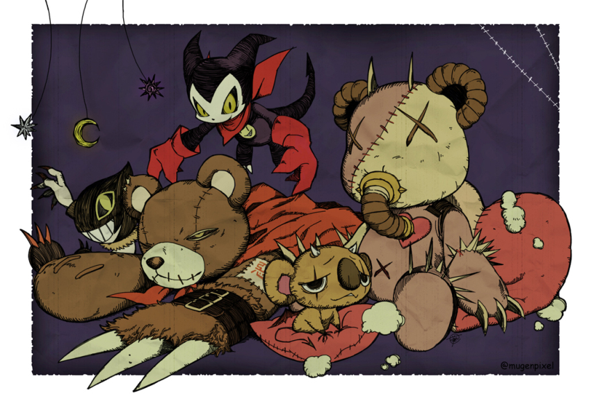 bandana bandana_around_neck border dark_background demon demon_boy digimon digimon_(creature) dracumon fujihana_(mugenpixel) gloves green_eyes group_picture impmon phascomon porcupamon purple_background red_bandana red_gloves simple_background stuffed_animal stuffed_toy teddy_bear warumonzaemon white_border