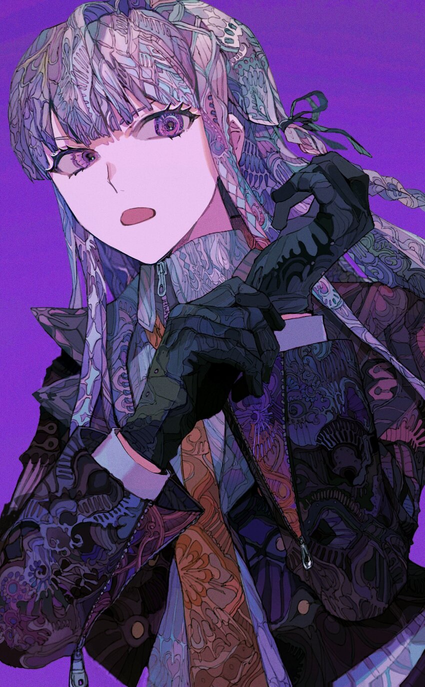 1girl adjusting_clothes adjusting_gloves black_jacket black_ribbon braid brown_necktie collared_shirt danganronpa:_trigger_happy_havoc danganronpa_(series) gloves hair_ribbon hands_up highres jacket kirigiri_kyoko long_hair long_sleeves looking_at_viewer necktie open_clothes open_jacket open_mouth patterned_clothing patterned_hair purple_background purple_eyes ribbon shirt simple_background solo upper_body yadu_nadu