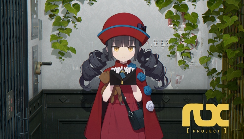 1girl artist_request bag belt black_hair blue_flower blue_rose blunt_bangs bow bowler_hat character_request cloak copyright_name drill_hair elevator flower hands_up hat highres holding ivy key long_hair looking_at_viewer official_art plant project_rx red_cloak red_hat rose short_sleeves shoulder_bag solo stuffed_animal stuffed_toy teddy_bear twin_drills twintails white_flower white_rose yellow_eyes