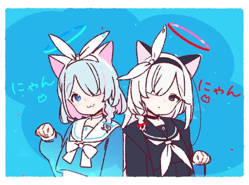 2girls :3 animal_ears arona_(blue_archive) blue_archive blue_background blue_hair blue_halo blush breasts cat_ears commentary_request halo looking_at_viewer medium_hair multiple_girls plana_(blue_archive) red_halo small_breasts white_hair yoru_nai