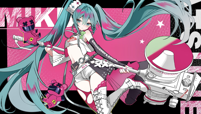 1girl bare_shoulders black_sleeves blush boots character_name closed_mouth commentary cowboy_shot crop_top cropped_shirt dan_huang_su_tankou detached_sleeves double-parted_bangs goodsmile_company goodsmile_racing green_eyes green_hair hair_between_eyes hatsune_miku highres holding holding_megaphone lace-up_boots long_hair long_sleeves looking_at_viewer megaphone navel pink_background racing_miku racing_miku_(2025) red_thighhighs shirt shorts single_thigh_boot sleeveless sleeveless_shirt solo thigh_boots thighhighs torn_clothes torn_thighhighs twintails very_long_hair white_boots white_shirt white_shorts