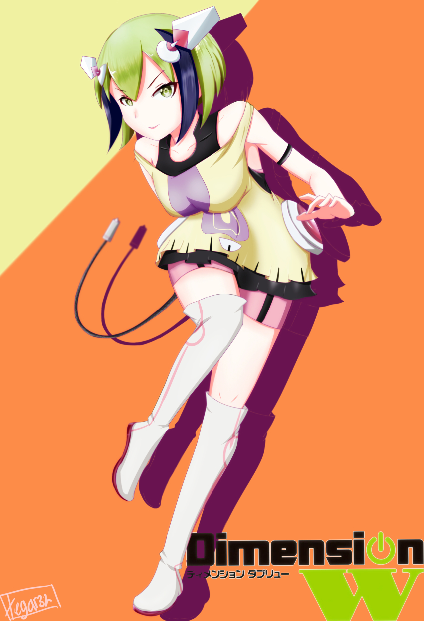 &gt;:) 1girl absurdres artist_name bare_shoulders bike_shorts black_hair boots breasts cable cable_tail copyright_name dimension_w female_focus gar32 green_eyes green_hair highres knee_boots mechanical_tail medium_breasts multicolored_hair off_shoulder shadow short_hair single_knee_boot single_thigh_boot smile solo symbol-shaped_pupils tail thigh_boots thighhighs yurizaki_mira