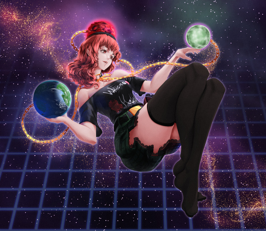 1girl absurdres belt black_shirt black_thighhighs chain clothes_writing earth_(ornament) feet grid hecatia_lapislazuli highres klabisot legs moon_(ornament) multicolored_skirt no_shoes off-shoulder_shirt off_shoulder open_mouth plaid_clothes plaid_skirt red_eyes red_hair shirt skirt solo space thighhighs toes touhou