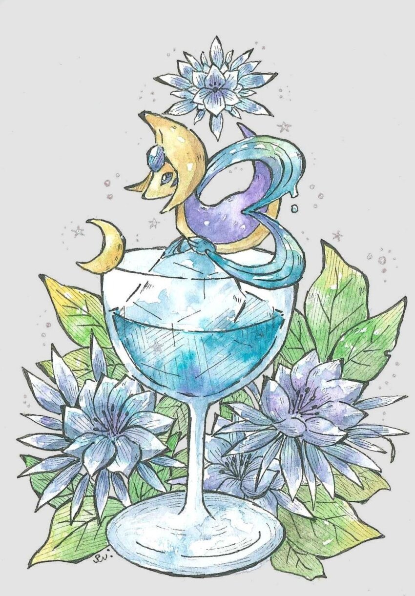 alternate_color colored_skin crescent cresselia cup drinking_glass flower gen_4_pokemon grey_background highres ice leaf legendary_pokemon multicolored_skin nintendo pokemon pokemon_(creature) purple_eyes purple_skin rai_(rai_kw) shiny_pokemon yellow_skin