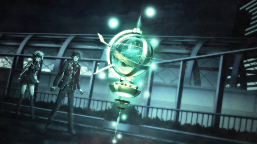 1boy 1girl :o belt black_necktie black_pants blood blood_on_clothes blood_splatter blue_hair breasts buttons chaos;child double-breasted dress_vest floating game_cg glasses glowing headphones headphones_around_neck hekiho_academy hekiho_academy_school_uniform highres kazuki_hana kneehighs leather_belt long_hair long_sleeves medium_breasts miniskirt miyashiro_takuru necktie official_art opaque_glasses open_mouth orb pants purple_eyes rooftop sailor_collar sailor_shirt sasaki_mutsumi school_emblem shirt short_hair short_necktie skirt socks thick_thighs thighs vest wavy_hair white_belt white_sailor_collar white_sleeves