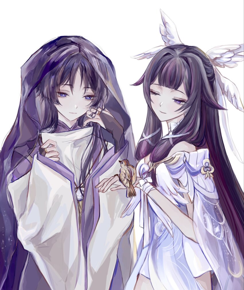 1boy 1girl alternate_hair_length alternate_hairstyle angel_wings bird bird_on_hand black_bridal_gauntlets blunt_bangs blunt_ends bow bowtie breasts bridal_gauntlets bright_pupils center-flap_bangs cleavage closed_mouth clothing_cutout columbina_(genshin_impact) cowlick crescent_print dress eurasian_tree_sparrow eyelashes eyeliner eyeshadow feathered_wings fingernails gem genshin_impact gold_ring hair_ornament hair_ribbon hair_tubes hand_in_own_hair hands_up highres japanese_clothes kariginu kimono layered_sleeves long_hair long_sleeves looking_at_another makeup medium_breasts middle_ring multicolored_hair multiple_wings off_shoulder one_eye_closed pink_hair purple_eyes purple_gemstone purple_hair purple_kimono purple_sleeves red_eyeliner red_eyeshadow renyupa ribbon scaramouche_(genshin_impact) scaramouche_(kabukimono)_(genshin_impact) see-through_clothes see-through_sleeves shoulder_cutout sketch smile sparrow streaked_hair tress_ribbon tsurime very_long_hair white_background white_bow white_bowtie white_dress white_pupils white_ribbon white_sleeves white_wings wide_sleeves wing_hair_ornament wing_ornament wings wispy_bangs wrist_bow