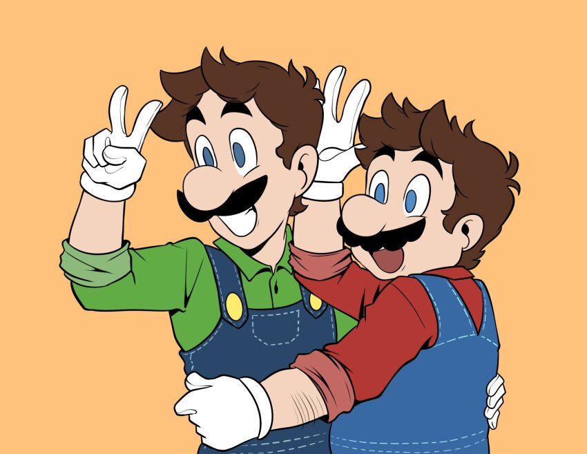 2boys blue_eyes brothers brown_hair carolinerdraws facial_hair gloves grin highres hug luigi mario mario_(series) multiple_boys mustache nintendo open_mouth overalls siblings smile super_mario_bros._(1993_movie) super_mario_bros._(film) v