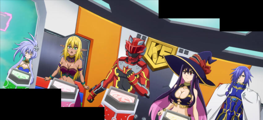2boys 3girls blonde_hair blue_hair breasts cleavage collarbone hat highres idola_avorn large_breasts long_hair midriff multicolored_hair multiple_boys multiple_girls navel pink_hair pointy_ears purple_hair ranya_(sentai_red_ga_isekai_de_boukensha_ni_naru) red_eyes sentai_red_ga_isekai_de_boukensha_ni_naru stitched teltina_liz_wagrel_alvarost third-party_edit two-tone_hair witch_hat