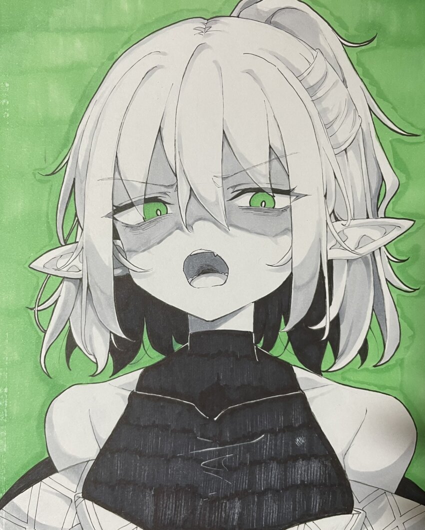1girl bags_under_eyes commentary_request green_background green_eyes greyscale_with_colored_background half_updo highres hisha_(kan_moko) looking_at_viewer mizuhashi_parsee open_mouth pointy_ears ponytail shaded_face shirt short_hair short_ponytail sleeveless sleeveless_shirt solo touhou upper_body v-shaped_eyebrows