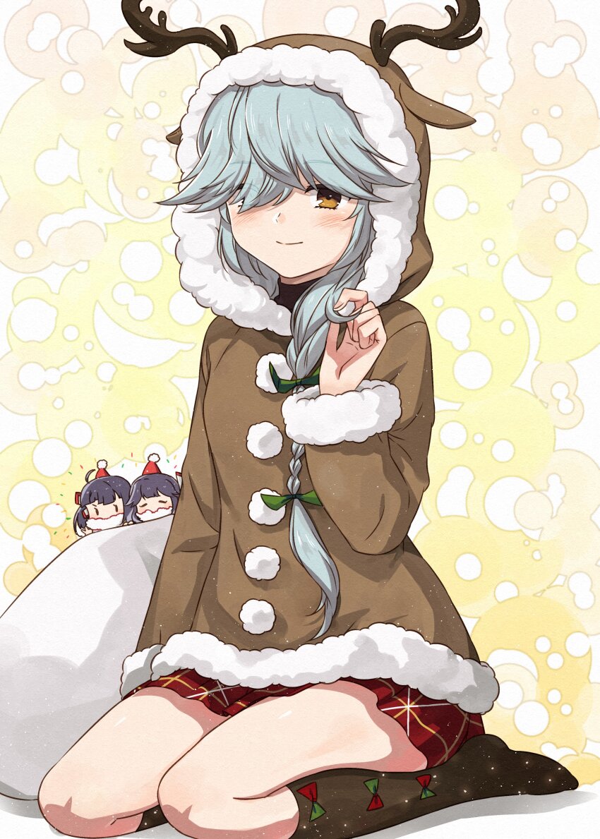 3girls absurdres animal_hood black_socks braid brown_coat brown_eyes brown_hood coat fujinami_(kancolle) grey_hair hair_over_eyes hamanami_(christmas)_(kancolle) hamanami_(kancolle) hayanami_(kancolle) highres hood kanmiya_shinobu kantai_collection long_hair mini_person minigirl multiple_girls plaid_clothes plaid_skirt red_skirt reindeer_hood single_braid skirt socks solo_focus