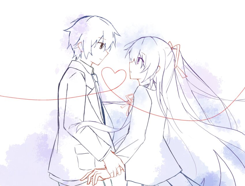 1boy 1girl blue_hair brown_eyes date_a_live highres itsuka_shidou long_hair looking_at_another n.(pl) purple_eyes purple_hair school_uniform short_hair yatogami_tohka