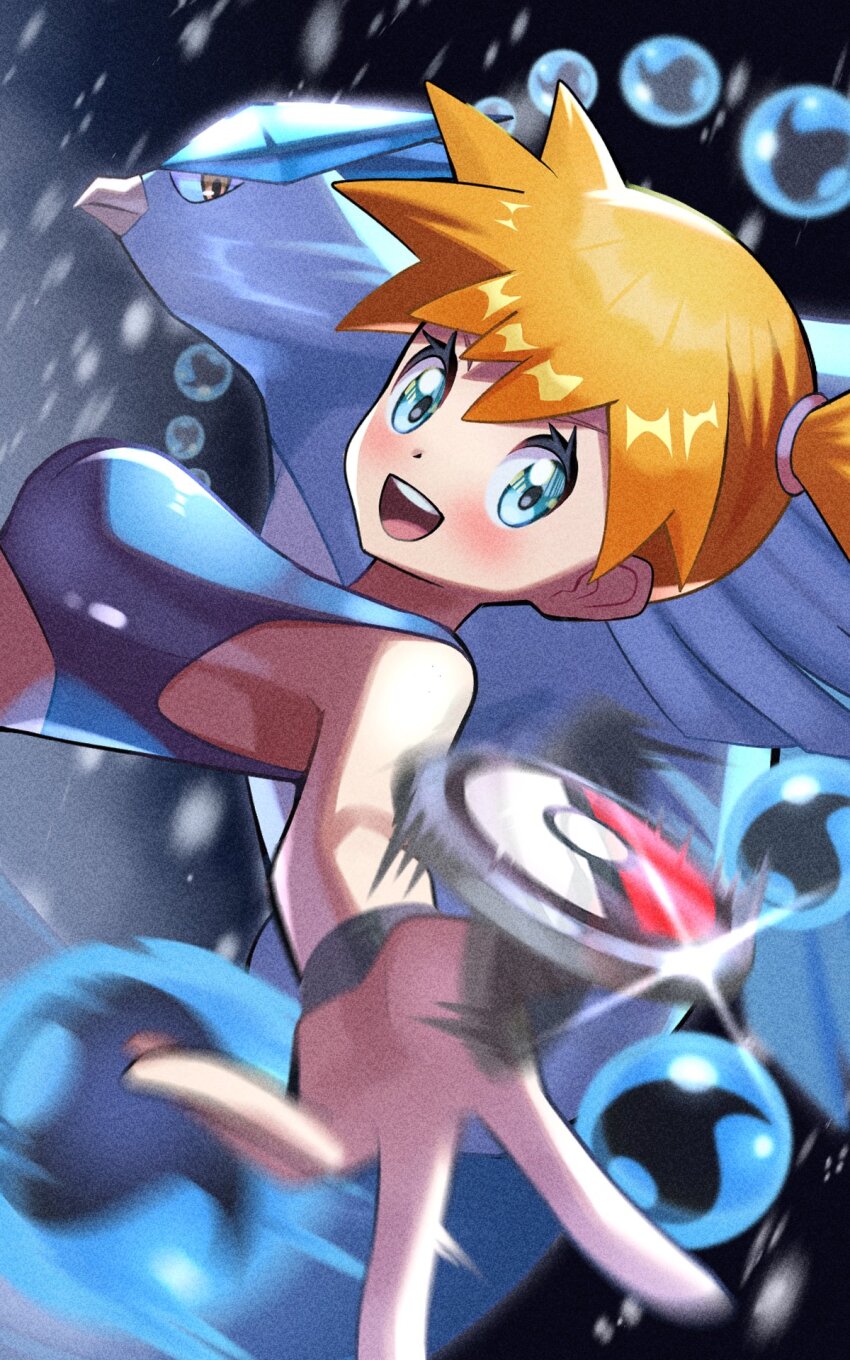 1girl :d articuno asymmetrical_hair blue_eyes blush breasts bubble eyelashes gen_1_pokemon green_eyes gym_leader hair_tie highres holding holding_poke_ball inana_umi legendary_pokemon long_hair looking_at_viewer misty_(pokemon) nintendo open_mouth orange_hair outstretched_arm poke_ball poke_ball_(basic) pokemon pokemon_frlg pokemon_tcg pokemon_tcg_pocket ponytail shirt short_hair side_ponytail sleeveless sleeveless_shirt smile solo teeth tongue upper_teeth_only water_drop wristband