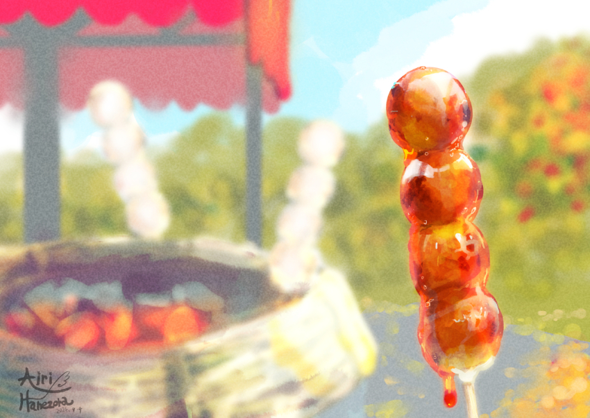 airihanezora artist_name blue_sky blurry blurry_background bush clip_studio_paint_(medium) dango day food food_focus mitarashi_dango no_humans original outdoors sky wagashi