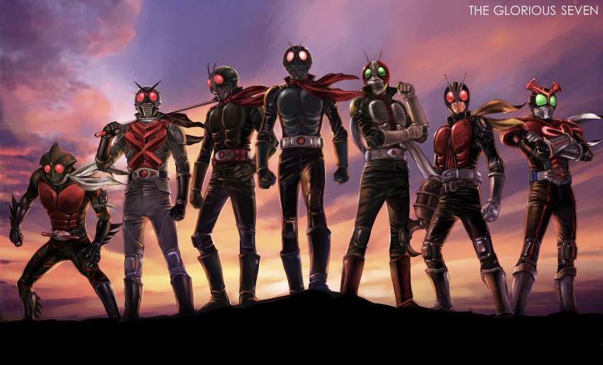 6+boys antennae armlet belt boots compound_eyes epic fangs gloves highres horns jewelry kamen_rider kamen_rider_1 kamen_rider_2 kamen_rider_amazon kamen_rider_amazon_(series) kamen_rider_stronger kamen_rider_stronger_(series) kamen_rider_the_first kamen_rider_the_next kamen_rider_v3 kamen_rider_v3_(series) kamen_rider_x kamen_rider_x_(series) male_focus multiple_boys riderman scarf single_horn weapon whip yusao