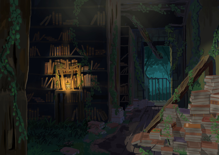 abandoned absurdres ame246 book book_stack bookshelf commentary_request dark dilapidated grass highres indoors lantern moss no_humans original overgrown plant railing scenery vines wooden_chair wooden_floor