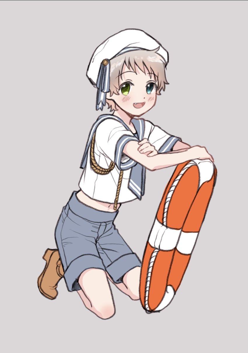1boy blush child grey_background grey_hair hat heterochromia highres lifebuoy looking_at_viewer male_focus navel open_mouth original piko_(pixiv) sailor_collar sailor_hat sailor_shirt shirt shorts solo solo_focus swim_ring tooth