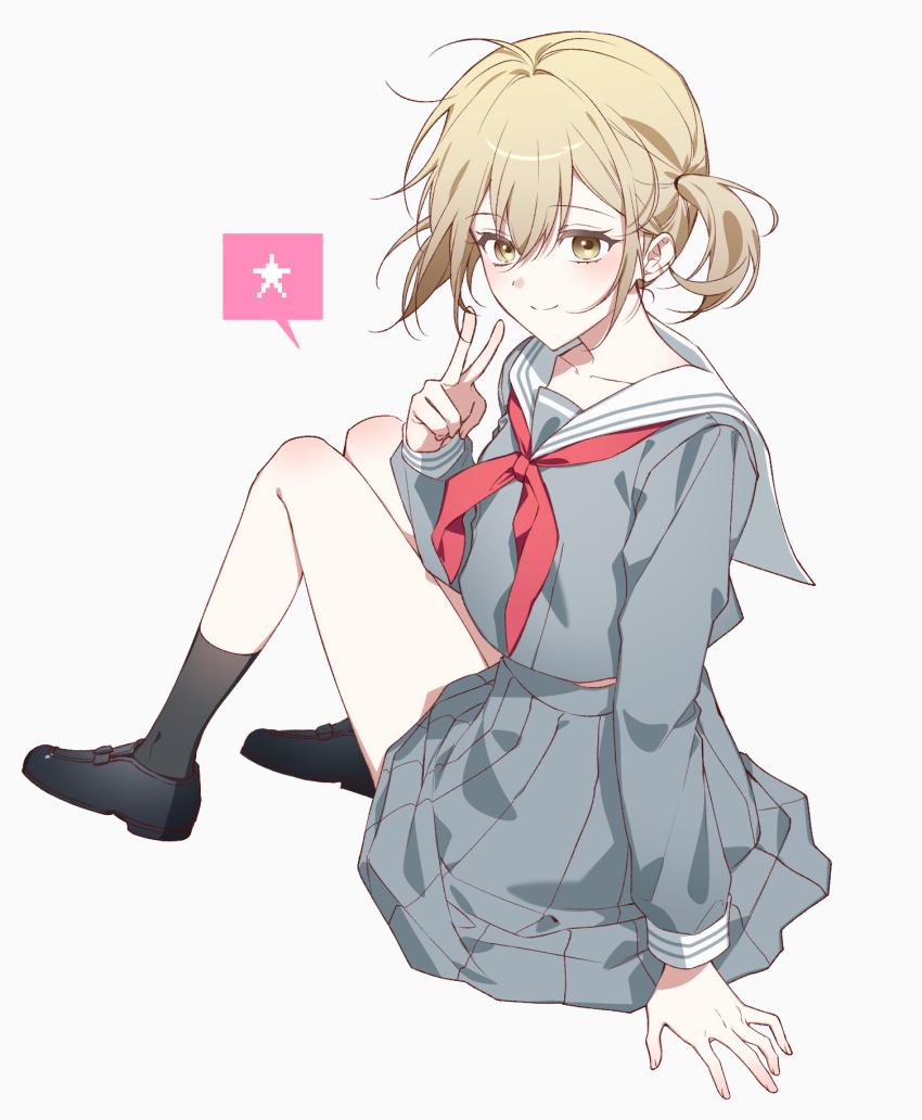 1girl azusawa_kohane black_shoes black_socks brown_eyes brown_hair commentary grey_serafuku grey_shirt grey_skirt hair_between_eyes highres long_hair long_sleeves looking_at_viewer midriff_peek mikan_(migwang) miyamasuzaka_girls&#039;_academy_school_uniform neckerchief project_sekai red_neckerchief sailor_collar school_uniform serafuku shirt shoes short_hair short_twintails simple_background sitting skirt socks solo twintails very_long_hair white_background white_sailor_collar