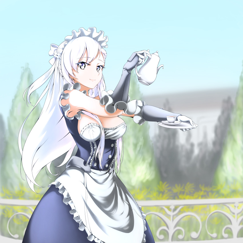 1girl absurdres apron azur_lane ballpoint_pen_(medium) belfast_(azur_lane) blue_eyes braid breasts cleavage french_braid frilled_apron frilled_gloves frills gloves highres huge_filesize large_breasts long_hair madakov_kodima maid maid_apron maid_headdress pen_(medium) traditional_media white_hair