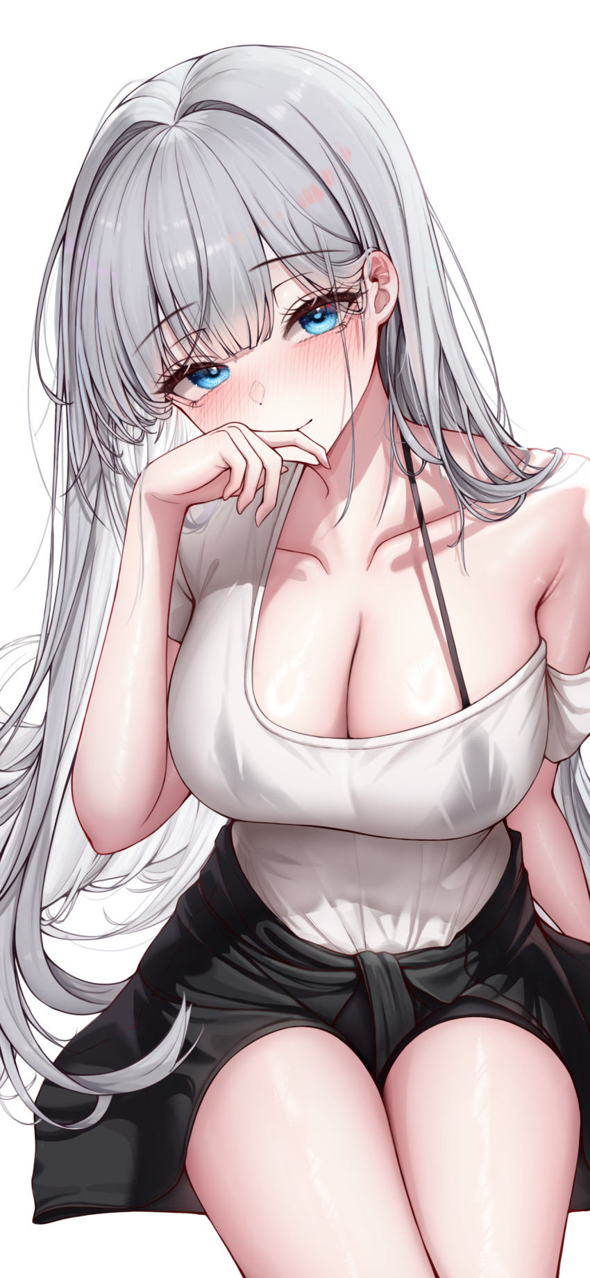 1girl absurdres asymmetrical_clothes bare_shoulders bikini bikini_under_clothes black_bikini black_jacket black_shorts blue_eyes breasts cleavage clothes_around_waist collarbone commission finger_to_mouth halterneck hand_up highres jacket jacket_around_waist large_breasts lilac_(k32420276) long_hair looking_at_viewer original second-party_source see-through_clothes see-through_shirt shirt shirt_tucked_in short_shorts short_sleeves shorts simple_background single_sleeve sitting solo strap_gap swimsuit thighs very_long_hair white_background white_hair white_shirt