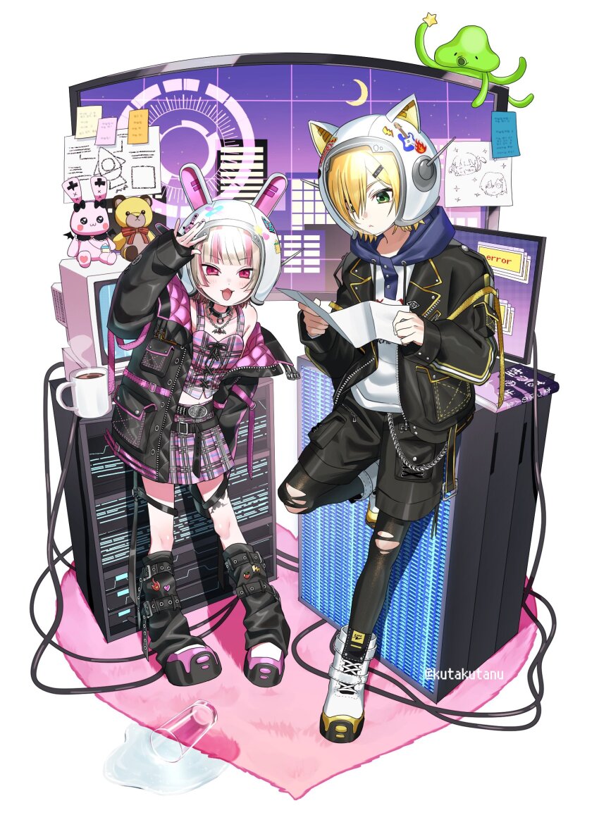 1boy 1girl absurdres animal_ear_helmet animal_ears_helmet animal_helmet belt black_belt black_jacket black_pantyhose black_shorts blonde_hair brown_hair carpet cat_helmet choker crop_top crt fingerless_gloves full_body gloves green_eyes hand_up helmet highres holding holding_map hood hood_down hoodie jacket jewelry kutakutanu leg_warmers looking_at_viewer makaino_ririmu makaino_ririmu_(6th_costume) map map_(object) multicolored_hair necklace nijisanji official_alternate_costume open_clothes open_jacket pantyhose pink_eyes pink_skirt plaid_clothes plaid_skirt pleated_skirt rabbit_helmet short_hair short_shorts shorts simple_background skirt smile standing standing_on_one_leg sticky_note streaked_hair torn_clothes torn_pantyhose twitter_username uzuki_kou uzuki_kou_(5th_costume) virtual_youtuber white_background