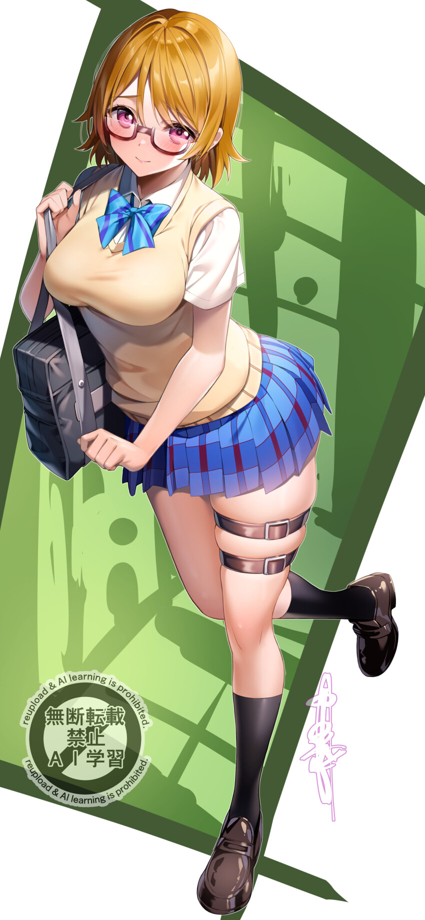 1girl absurdres bag belt black_bag blue_bow blue_bowtie blue_skirt bow bowtie breasts brown-framed_eyewear brown_hair brown_shoes collared_shirt commentary_request diagonal-striped_bow diagonal-striped_bowtie diagonal-striped_clothes dress_shirt full_body glasses green_background highres koizumi_hanayo large_breasts leg_up loafers love_live! love_live!_school_idol_project miniskirt nakano_maru otonokizaka_school_uniform plaid_clothes plaid_skirt pleated_skirt purple_eyes school_bag school_uniform semi-rimless_eyewear shirt shoes short_hair short_sleeves skindentation skirt solo standing striped_clothes sweater_vest thigh_belt thigh_strap under-rim_eyewear watermark white_shirt yellow_sweater_vest