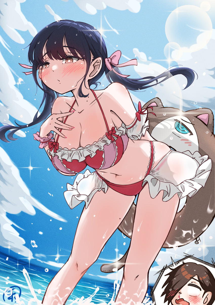 1boy 1girl absurdres bikini black_hair blood blue_sky boku_no_kokoro_no_yabai_yatsu breasts brown_eyes cleavage cloud collarbone commentary_request day feet_out_of_frame frilled_bikini frills highres horizon ichikawa_kyoutarou large_breasts lens_flare navel nogitarou nosebleed ocean official_alternate_costume outdoors pink_nails red_bikini sky solo_focus swimsuit twintails wading yamada_anna
