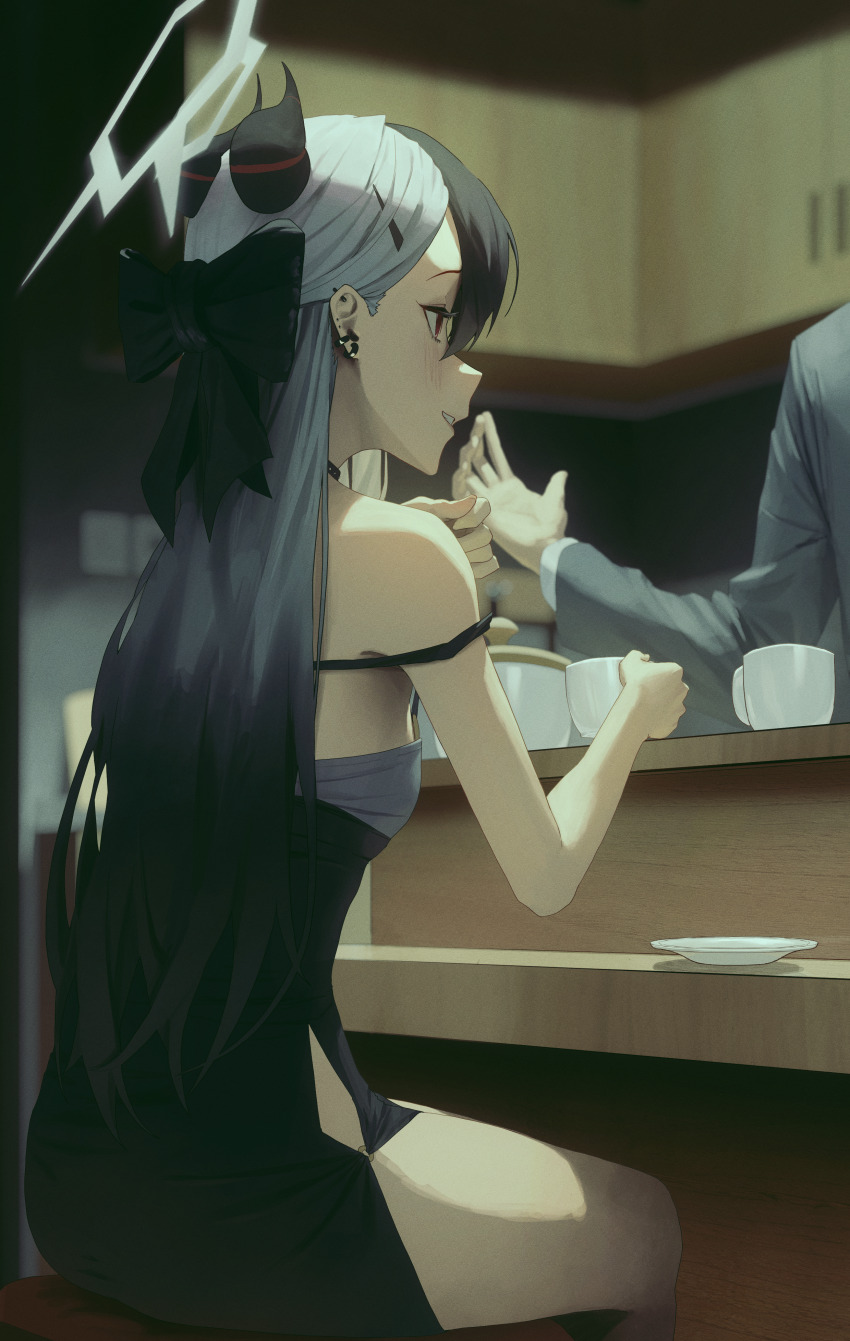 1boy 1girl absurdres black_choker black_dress black_hair black_horns blue_archive breasts choker demon_horns dress ear_piercing grey_halo halo highres horns kayoko_(blue_archive) kayoko_(dress)_(blue_archive) long_hair multicolored_hair official_alternate_costume piercing red_eyes rifu002 sleeveless