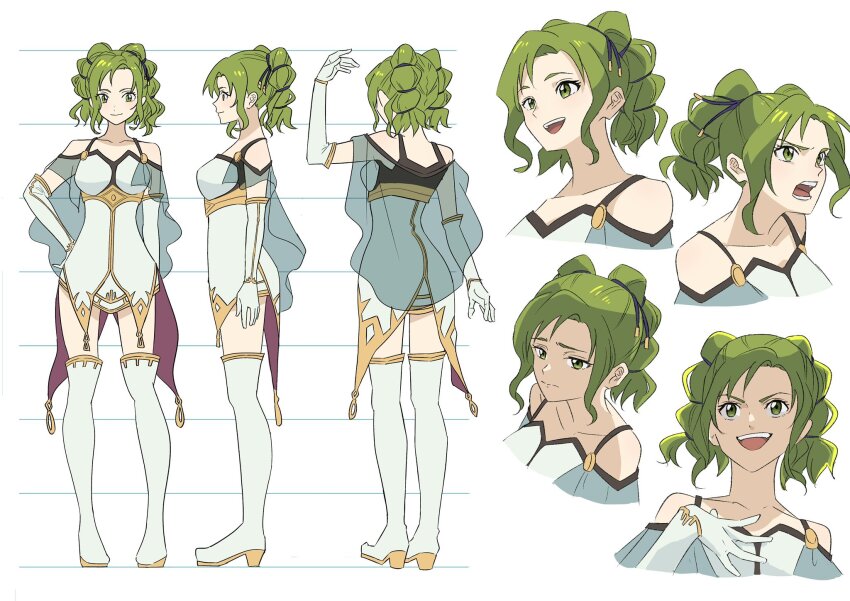 1girl bare_shoulders boots capelet reference_sheet collarbone dress elbow_gloves multiple_expressions fire_emblem fire_emblem:_the_sacred_stones full_body gloves green_eyes green_hair hand_on_own_hip highres hoshigaki_(hsa16g) l&#039;arachel_(fire_emblem) multiple_views nintendo open_mouth teeth thigh_boots white_background white_dress white_gloves