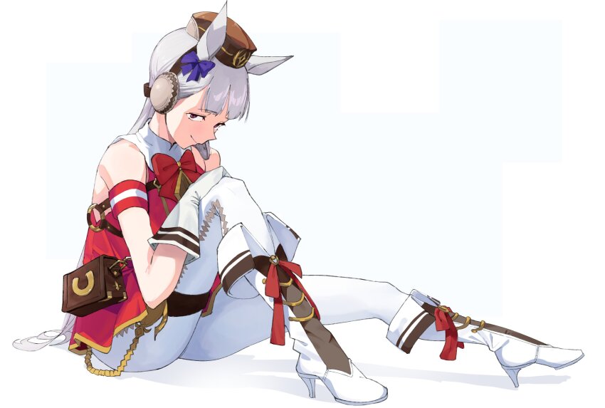 1girl animal_ears bare_shoulders belt_pouch blue_bow blunt_bangs boots bow bowtie breasts dress full_body fuse_gomame gloves gold_ship_(umamusume) hair_bow hand_on_own_knee hat highres horse_ears horse_girl horse_tail knee_up long_hair looking_at_viewer pointing pouch purple_eyes red_bow red_bowtie red_dress simple_background sitting sleeveless sleeveless_dress smile solo tail thighhighs umamusume white_background white_boots white_gloves white_hair white_thighhighs